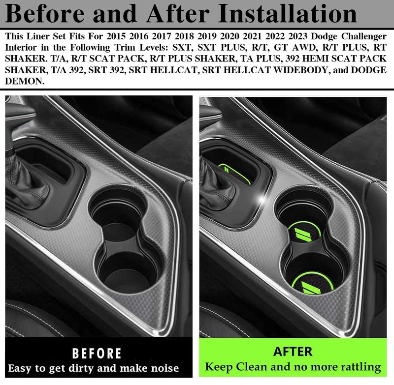 Auprite Anti Dust Mats for Dodge Challenger Accessories 2015 2016 2017 2018 2019 2020 2021 2022 2023,Custom Fits Cup Holder Liners Mats Door Pocket Center Console Liners, 11pcs/kit (Green) - Image 4